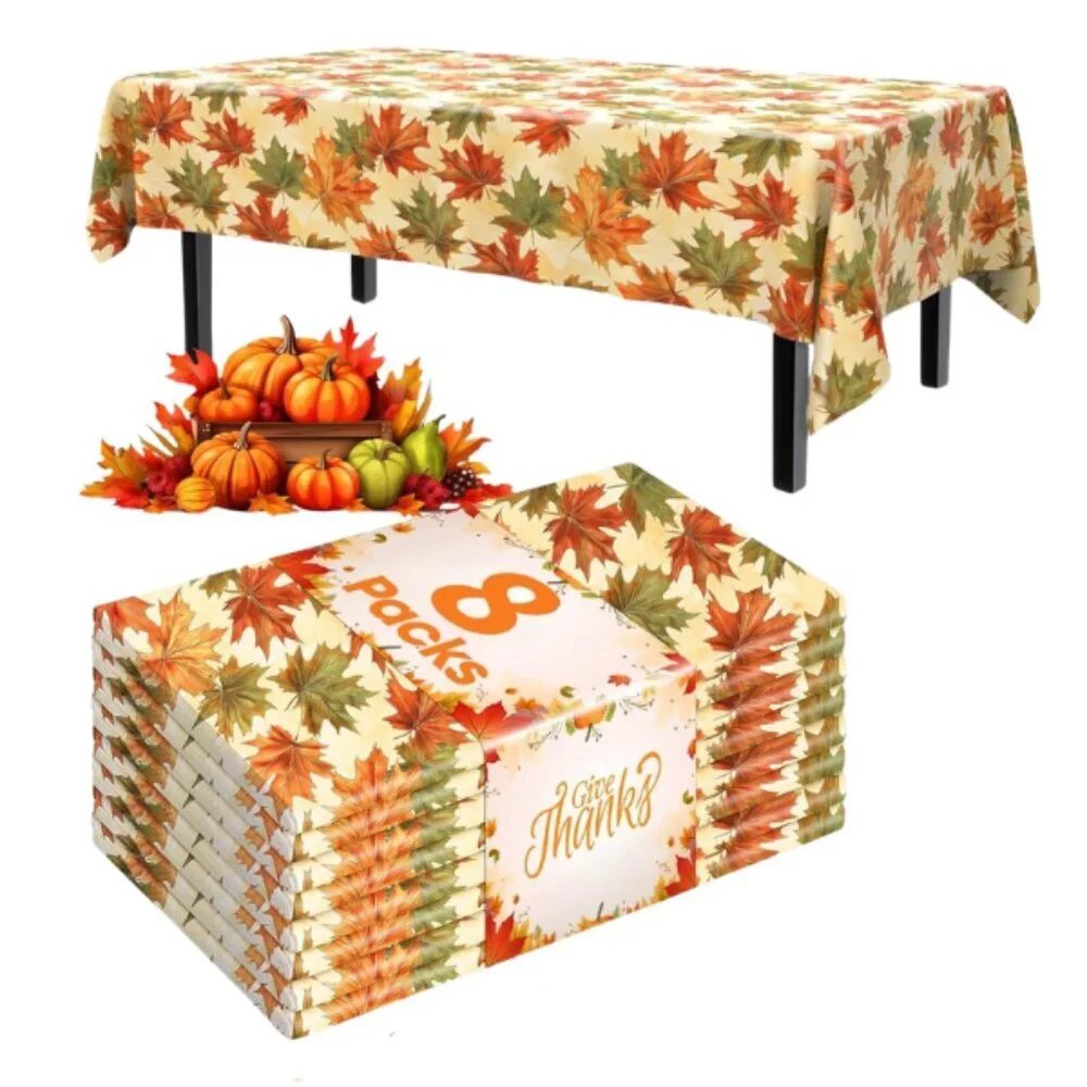 Plastic Table Cloth Disposable 8 Pack, 54 x 108 Inch Table Cloths, Thanksgiving